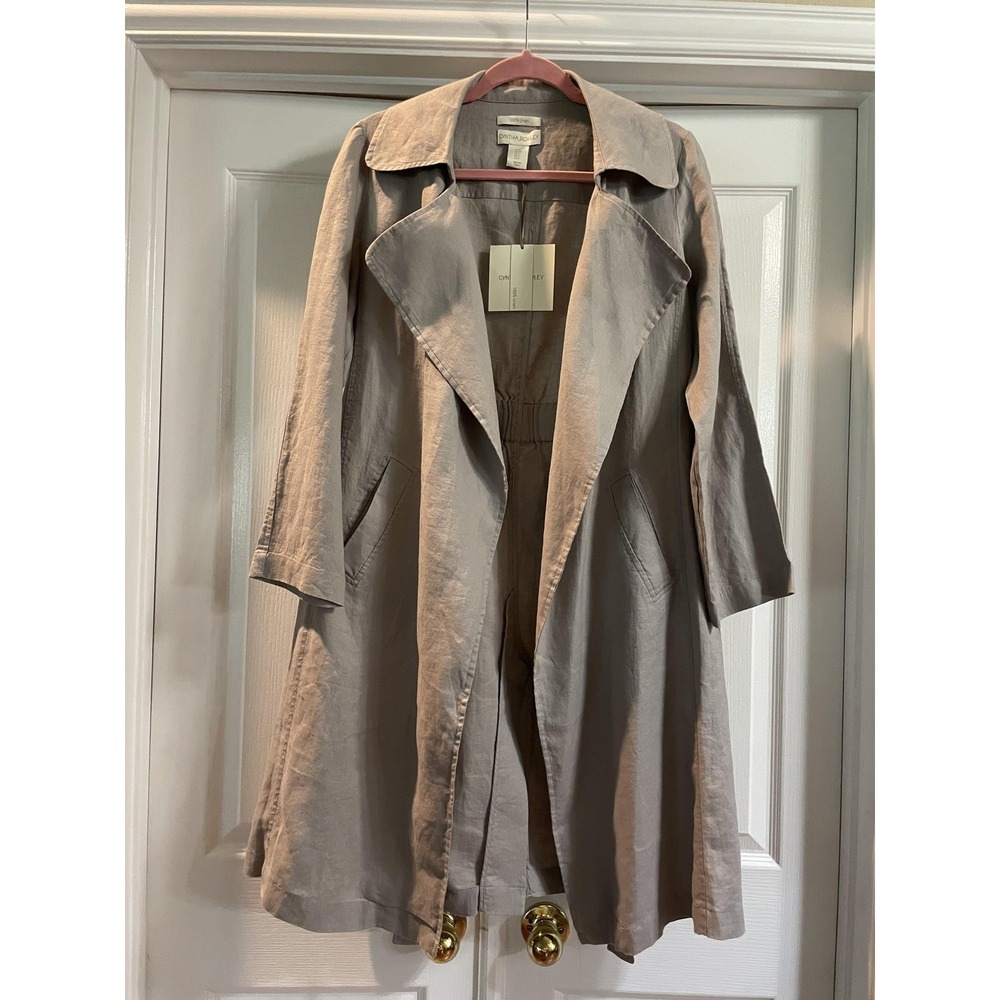 Cynthia Rowley Trench Coat Womens Small Gray Linen Belted Open Front Unlined